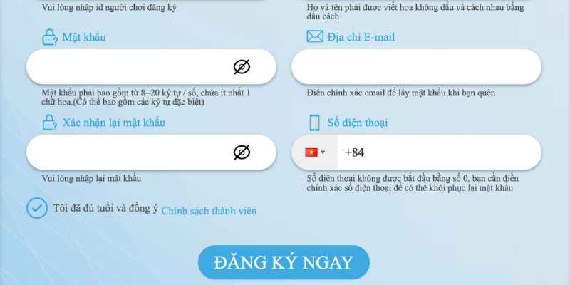 Biểu mẫu nhập thông tin đăng ký WW88